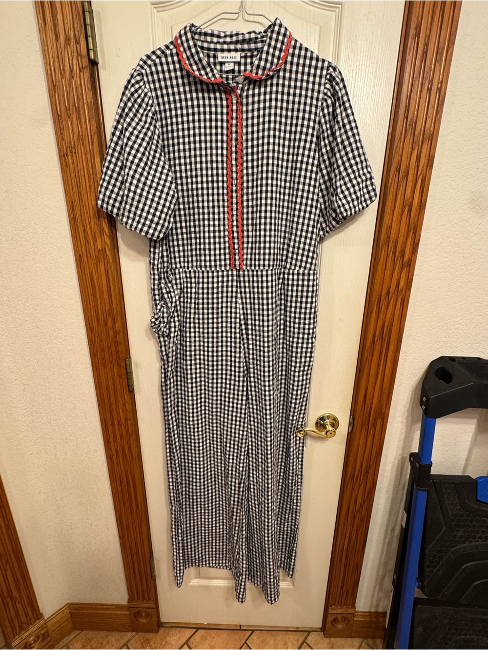 Gingham Short-Sleeve Jumpsuit with Red Trim